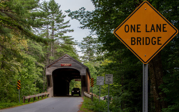 One Lane Bridge Sign at Corbin Covered Bridge in Newport, NH
