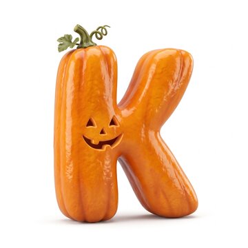 Orange Pumpkin Letter K with Stem and Jack-o-Lantern Face, Halloween 3D Illustration