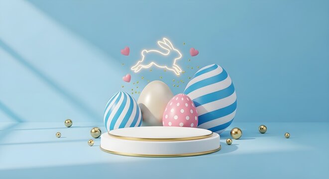 Empty white product display podium surrounded by colorful decorative easter eggs on blue background