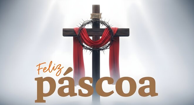 Religious easter background with a wooden cross crown of thorns and red fabric drape