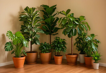 Fototapeta premium Of diverse potted houseplants in terracotta and ceramic containers on a wooden floor, home decor and interior design