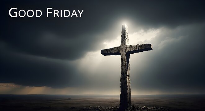 A wooden christian cross standing against a dramatic stormy sky for good friday religious background