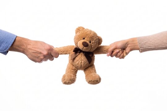 Hands of two people pulling a teddy bear on a white background, child custody concept