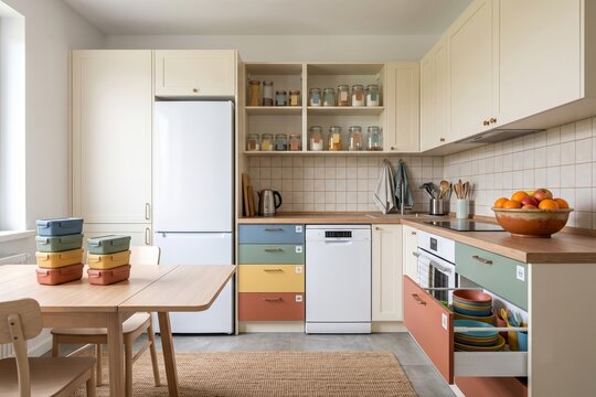 Cozy modern kitchen interior with colorful pastel drawers and wooden countertops