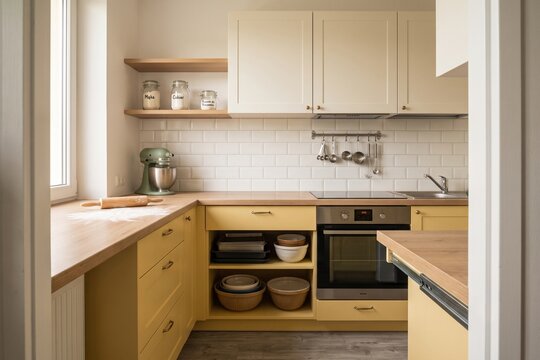 Cozy kitchen interior with yellow cabinets and wooden countertops