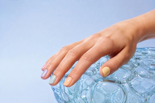 Woman hand with pastel colorful manicure resting on glass surface