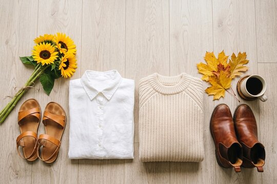 Flat lay of transitional summer to autumn fashion with sunflowers and boots