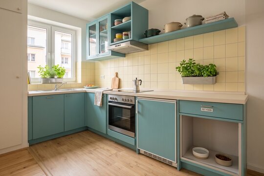 Retro style turquoise kitchen interior with yellow tiles and wooden floor
