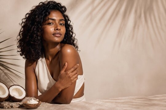 Beautiful woman with curly hair and coconuts for skincare concept