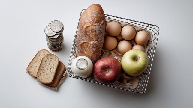 Grocery basket with coins. Wire basket holding loaf of bread, eggs, milk bottle, apples, stack of silver coins and sliced bread nearby on white background, concept of food prices, inflation.