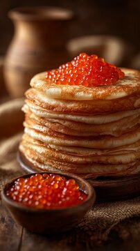 Stack of pancakes with red caviar. Tall pile of golden crepes on wooden board, topped with bright red salmon roe, rustic background, burlap cloth, additional caviar in small wooden bowl