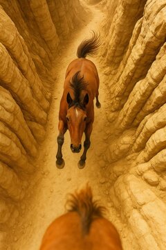 Horses running through a narrow canyon, view from above.
Bird's-eye view of a brown horse galloping through a narrow canyon with a sandy bottom. A herd of horses.