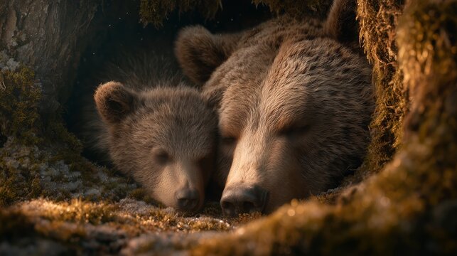 Two brown bears sleeping in den. Adult bear and cub with eyes closed in cozy forest burrow, soft fur, moss and snow around entrance, wildlife, winter hibernation, nature concept.