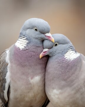 Two pigeons cuddling close together. Close-up of paired doves with grey feathers and pink chests, touching heads on blurred background; love and bonding concept, spring.