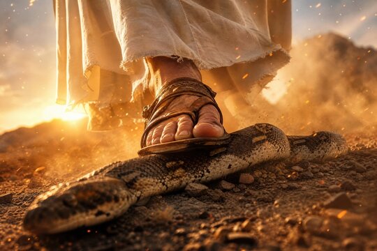 Biblical victory of good over evil: Jesus Christ stepping on the serpent tempter. Fulfilling the Genesis 3:15 prophecy. Cinematic low angle view of a foot in ancient sandal crushing a snake at golden 