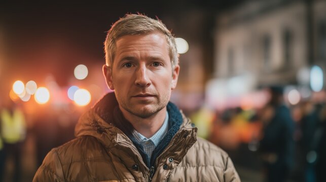 Portrait of a protester at night in the city. An adult with fair skin is standing on the street, with lights and a blurred crowd in the background.