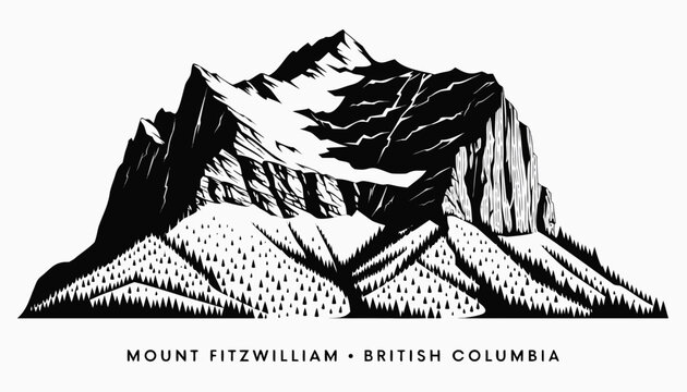 Very beautiful black and white realistic vector illustration of rugged Mount Fitzwilliam, featuring a bold caption reading "MOUNT FITZWILLIAM &bull; BRITISH COLUMBIA", engraved rocky cliffs, evergreen fore