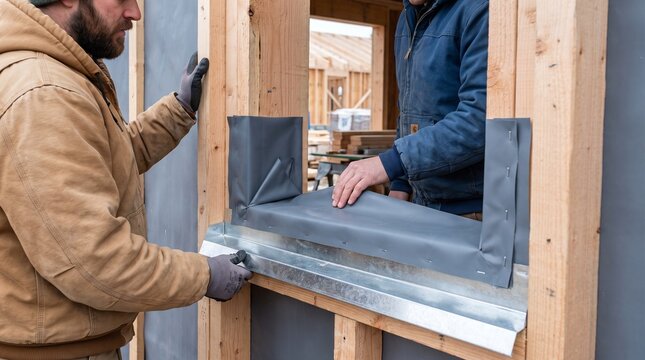 Tradespeople prepare a flashed rough window opening before installation