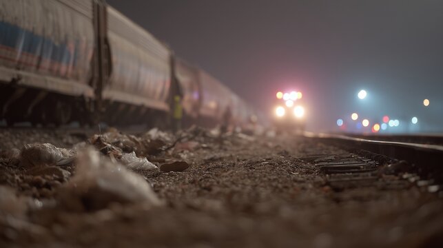Derailment accident with damaged train cars on railway. Railway wagons lie damaged along the tracks following a serious rail accident.