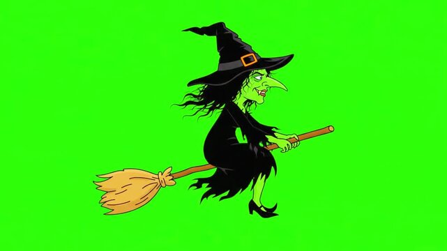 Halloween witch flying on a broomstick during night spell casting. Cartoon female sorceress with hat and green screen backdrop on a green screen ba...