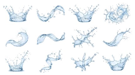 Fototapeta premium Dynamic water splash elements in motion. High-speed liquid droplets and abstract fluid shapes on white background.