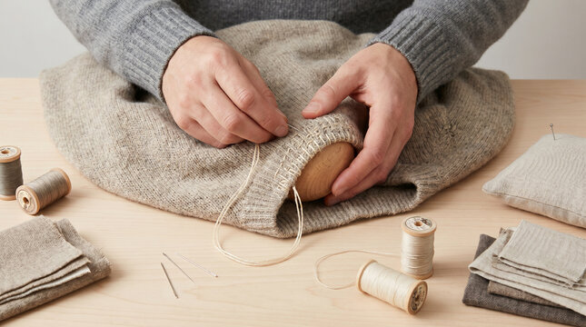 Hands Mending Knitwear With Fabric Offcuts In Ethical Fashion Studio