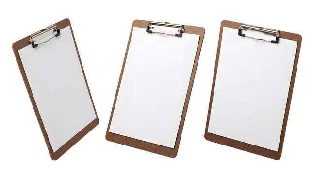 Three clipboards with blank paper sheets for the concept of documentation and analysis.