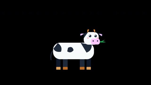 Cute cartoon cow chewing grass, 16:9 transparent alpha channel vector animated cow loop