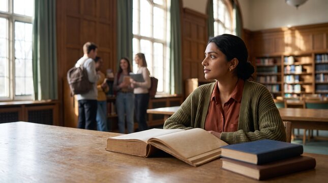 Student studies as campus life unfolds beyond the library table