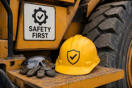 Safety first sign with hard hat, safety glasses and gloves on a construction vehicle for concept of safety regulation and work protection.