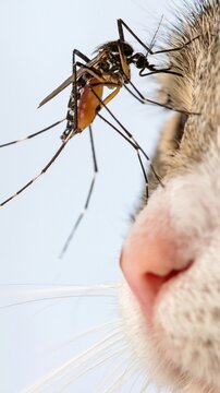 Mosquito feeding on cat nose macro veterinary closeup studio