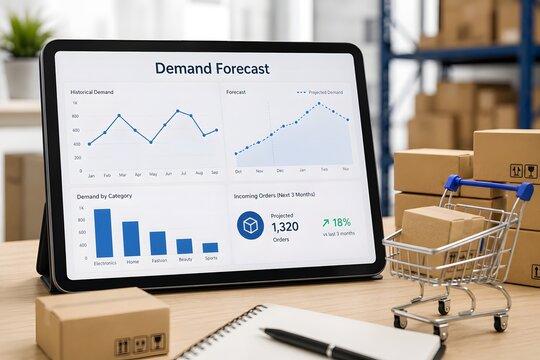 A tablet displaying a demand forecast chart in a warehouse setting, signifying business analytics and inventory management.