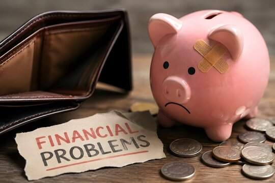 A sad piggy bank with a band-aid and an empty wallet for the concept of financial problems.