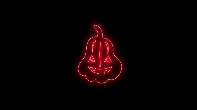 Glowing White Neon Halloween Pumpkin Outline Animation on Black Background 4K