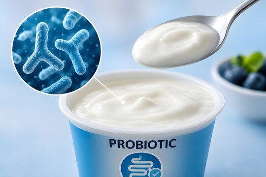 Yogurt with probiotics and blueberries for the concept of healthy food and gut health.