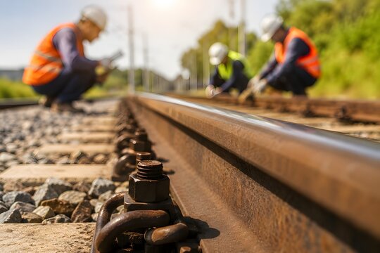 Railroad worker inspecting tracks for the concept of transportation and infrastructure.