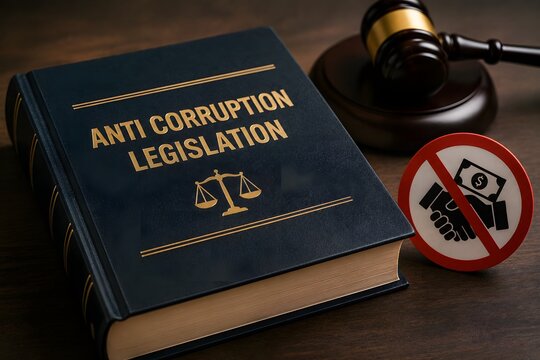 Book of anti corruption legislation with a judge's gavel and a no bribery symbol for the concept of justice and legal matters.