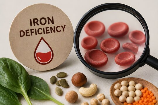 A visual representation of iron deficiency, featuring red blood cells under a magnifying glass, alongside iron-rich foods.