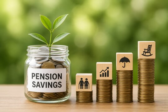 A jar of pension savings with a plant growing from it, and stacks of coins representing financial growth and security.