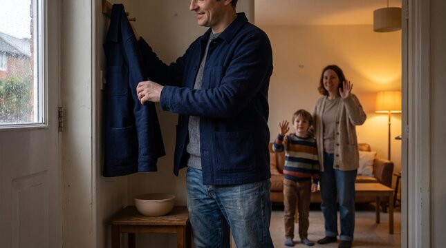 Shift worker returns home at dusk to reclaim protected family time