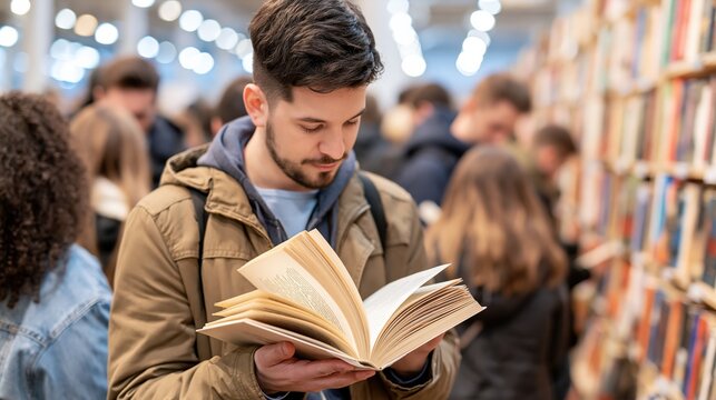 Young man reading book in crowded bookstore aisle during visit
