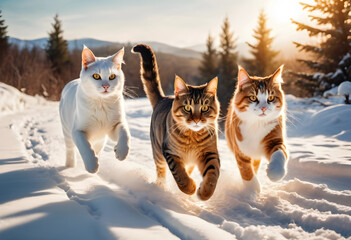 Obraz premium Three domestic cats running through fresh snow in a winter forest landscape with Golden hour sunlight, Golden hour sunlight illuminates the scene, casting long shadows and the cats fur