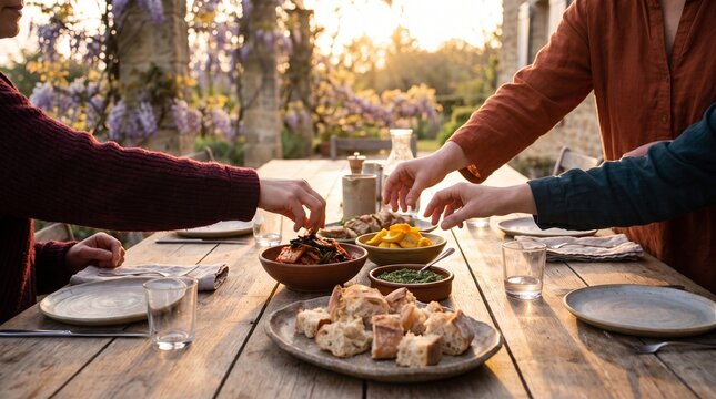 Shared seasonal meal with vibrant fermented food accompaniments