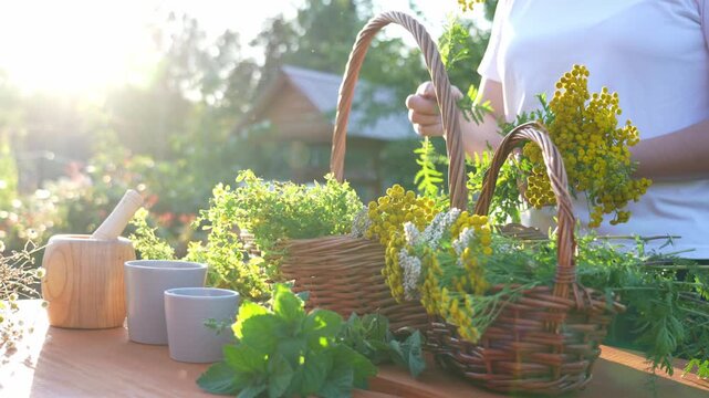 Sunny evening, a young woman at a table on the street on a summer evening sorts out collected field herbs for use in alternative medicine.
