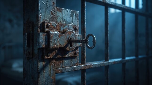 closeup of rusty metal lock with key on old prison cell bars. dark moody jail interior background. captivity, escape and freedom concept. banner, website header with copyspace.