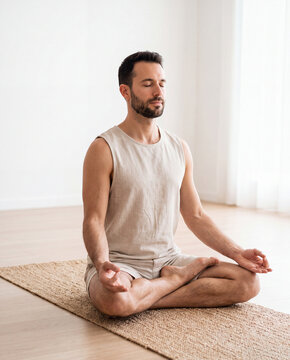 Man meditating in lotus position on yoga mat