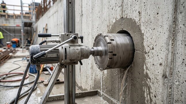 Heavy duty diamond core drill machine boring large round ventilation hole into solid concrete building foundation wall