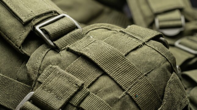 closeup of green tactical backpack with straps and buckles. military equipment and army gear concept. canvas texture with webbing. outdoor survival, airsoft, hunting. banner, website header.