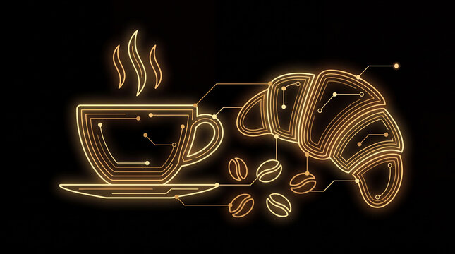 Neon coffee and croissant illustration. Digital food art with glowing circuit board lines.
