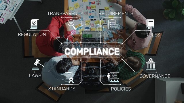 A diverse team collaborates in an office setting to strategize on compliance issues, focusing on governance, regulations, and transparency for effective business operation. Raster